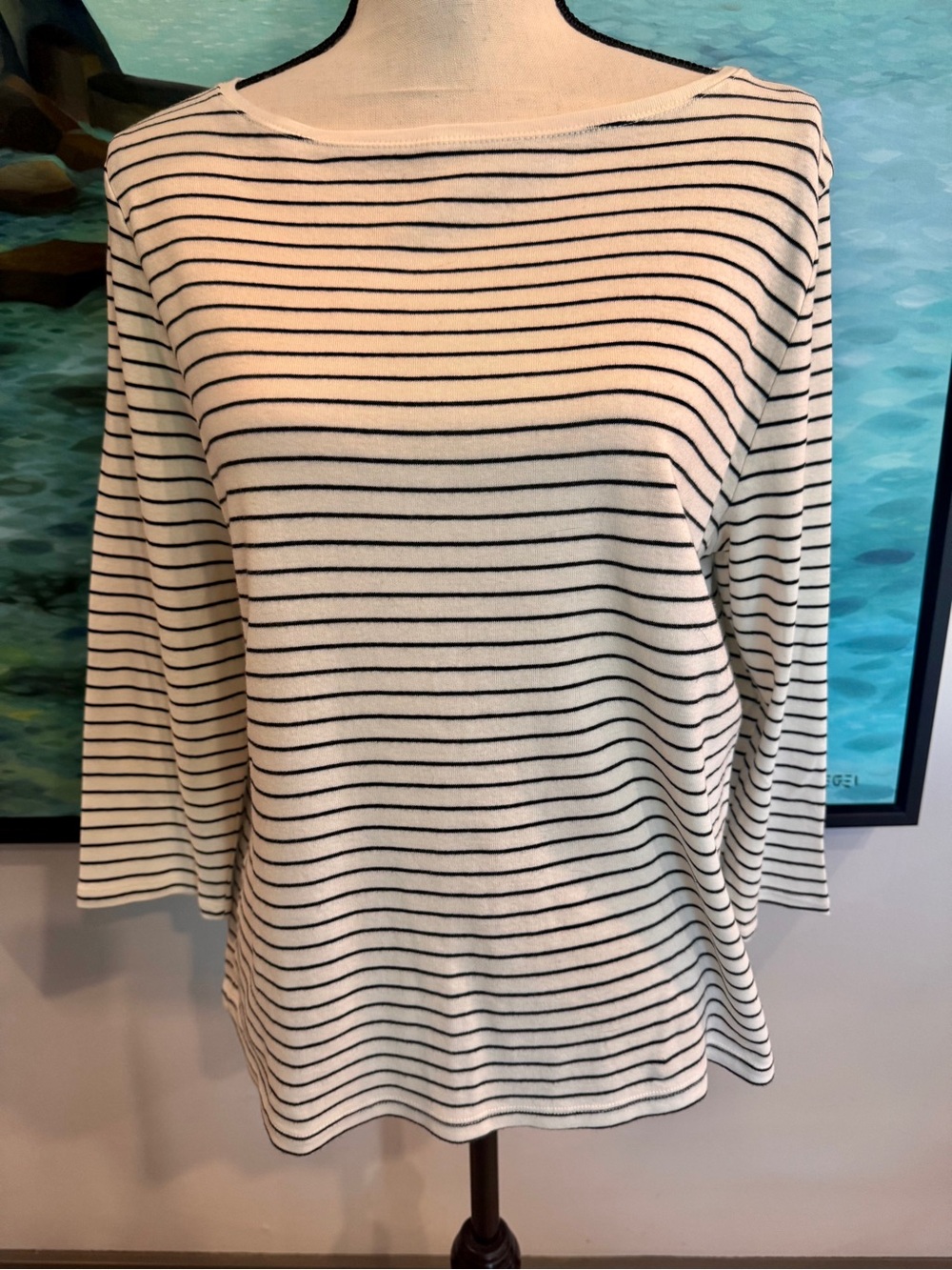 Talbots Cream with Black Narrow Stripe Boatneck Long Sleeve Top